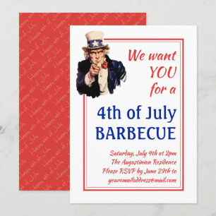 4TH OF JULY BBQ BARBECUE Uncle Sam Customised RED Invitation