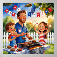 4th of July BBQ" Cartoon Family & Sparklers