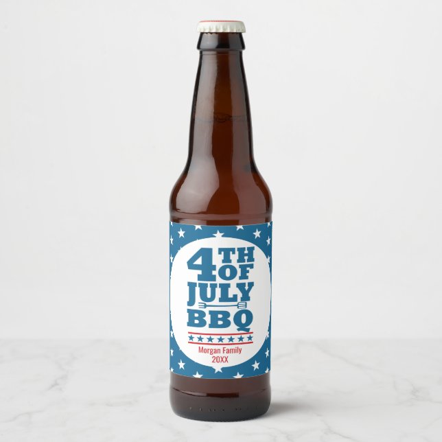 4th of July BBQ Party Personalised  Blue Star Beer Bottle Label (Front)