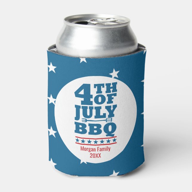 4th of July BBQ Party Red White Star Personalised Can Cooler (Can Front)