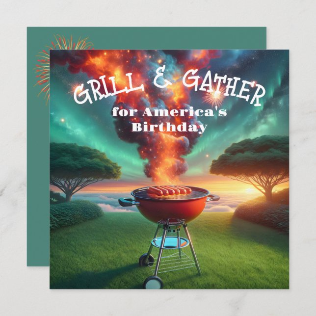 4th of July BBQ Party With Grill and Fireworks Invitation (Front/Back)
