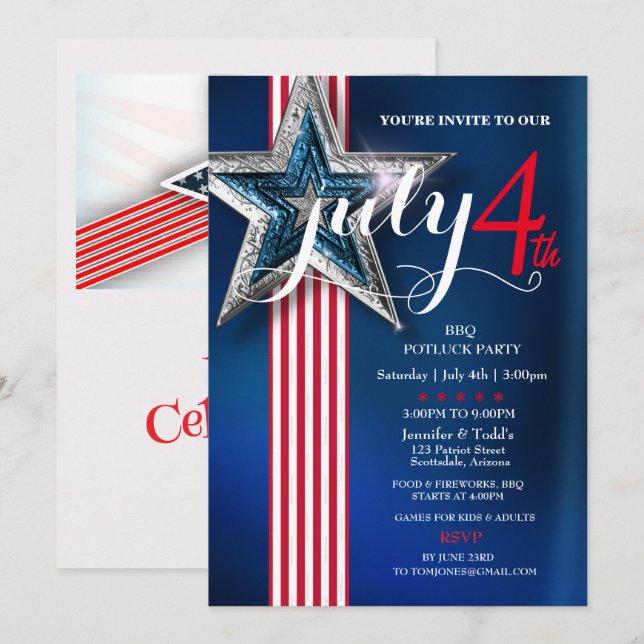 4th of July BBQ Potluck Party   Invitation (Front/Back)