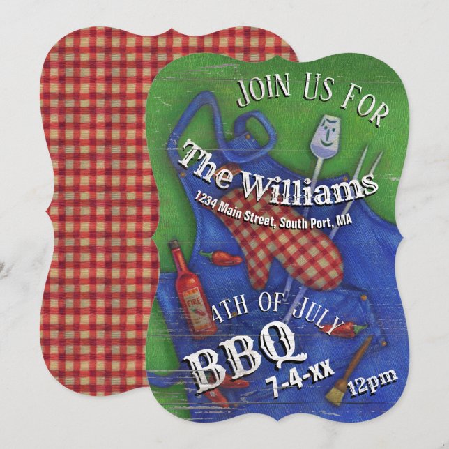 4th of July BBQ Red Gingham Family Picnic Invitation (Front/Back)