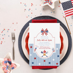 4th of July BBQ Red White Blue Stripes Patriotic Invitation