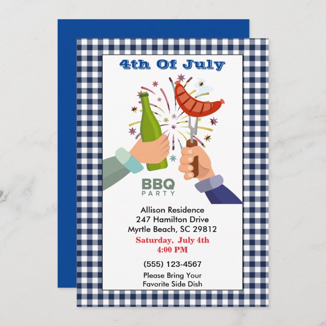 4th of July Beer and Franks BBQ Picnic Party Invit Invitation (Front/Back)