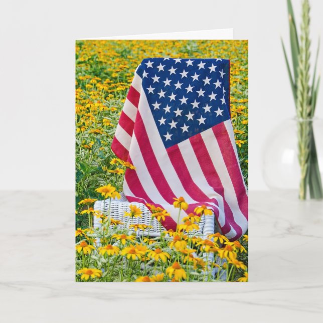 4th of July birthday-flag in yellow daisy field Card (Front)