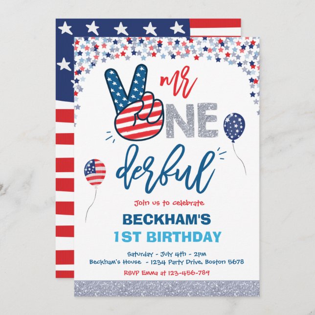 4th Of July Birthday Mr One-derful 1st Birthday  Invitation (Front/Back)