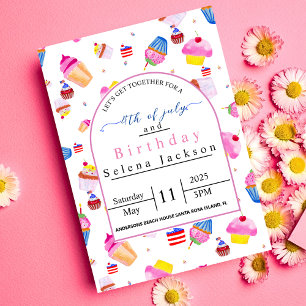 4th of July birthday  pink cupcake with USA flag  Invitation