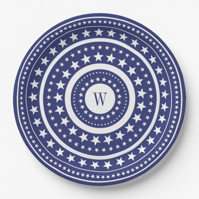 4th Of July Blue Stars Monogram Party Paper Plates (Front)