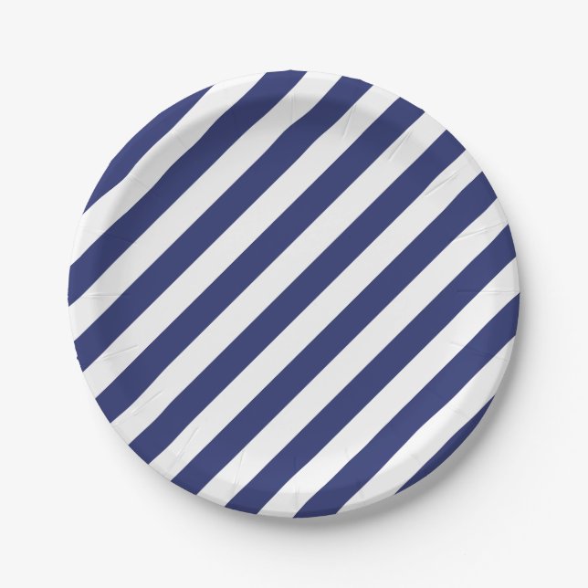 4th Of July Blue White Stripes Party Paper Plates (Front)