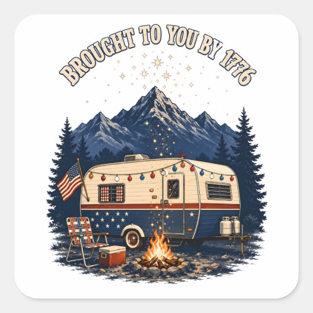 4th Of July Camping Trailer Mountains Square Sticker (Front)