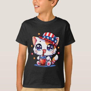 4th Of July Cat Shirt Girls Kids Kawaii Anime Boba