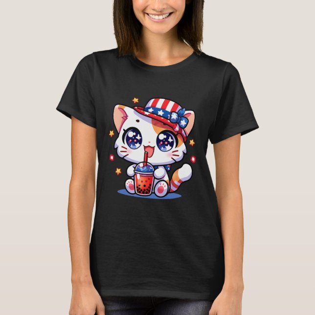 4th Of July Cat Shirt Girls Kids Kawaii Anime Boba (Front)