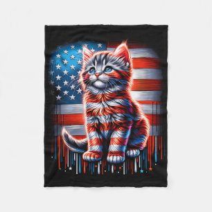 4th Of July Cat Usa Flag Cute Kitten Memorial Day Fleece Blanket
