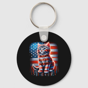4th Of July Cat Usa Flag Cute Kitten Memorial Day  Key Ring
