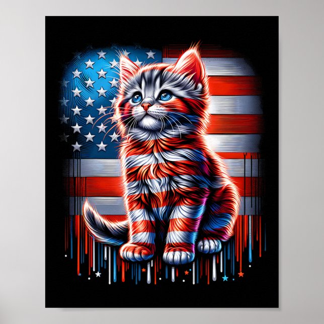4th Of July Cat Usa Flag Cute Kitten Memorial Day  Poster (Front)