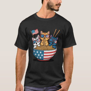 4th of July Cats in Noodle Bowl USA Flag Funny Foo T-Shirt