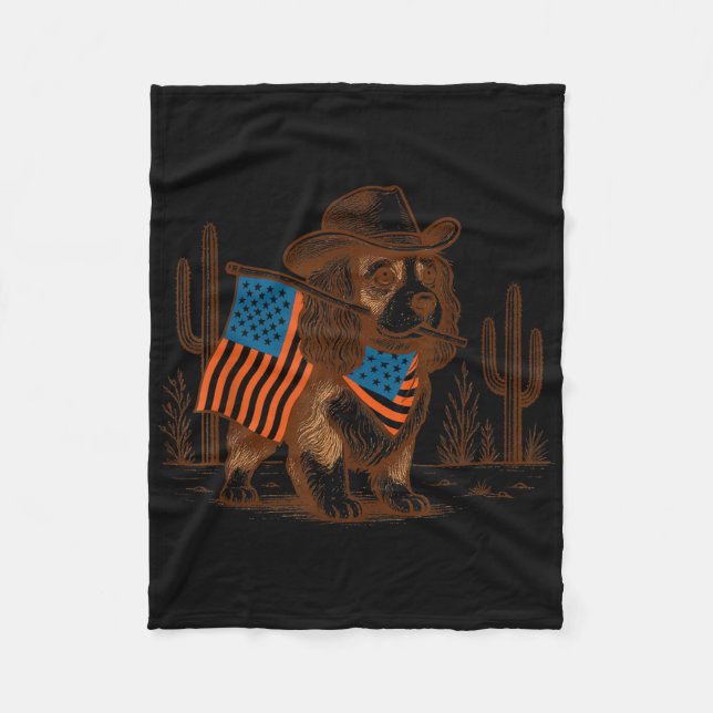 4th Of July Cavalier King Charles Spaniel Western  Fleece Blanket (Front)