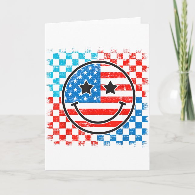 4th Of July Checkered Smile Face Red White Blue Us Card (Front)