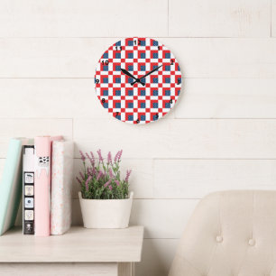 4th of July Chequerboard Patriotic Stars and Strip Large Clock