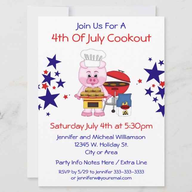 4th of July Cookout Funny Pig Hamburgers and Stars Invitation (Front)