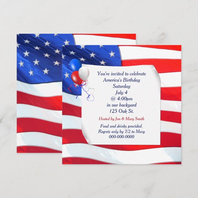 4th of July Curled Paper on Flag Invitation (Front/Back)