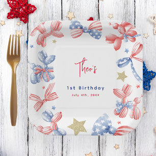 4th of July Cute Balloon Bow 1st Birthday Party Paper Plate