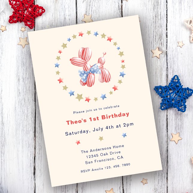 4th of July Cute Balloon Boy 1st Birthday Party Invitation (Creator Uploaded)