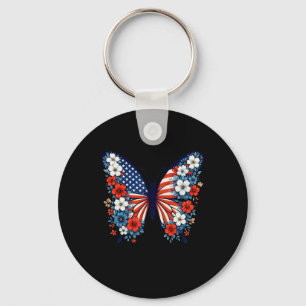 4th Of July Cute Butterfly Flower Red White Blue U Key Ring