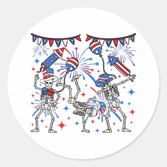 4th Of July Dancing Skeletons Classic Round Sticker (Front)