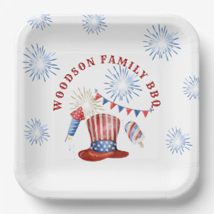 4th Of July Family BBQ Family Name Paper Plate