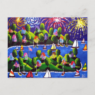 4th of July Fireworks Folk Art Postcard