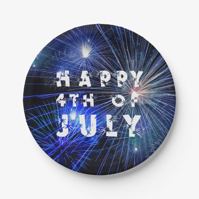 4th of July Fireworks in Blue Hue Party Paper Plate (Front)