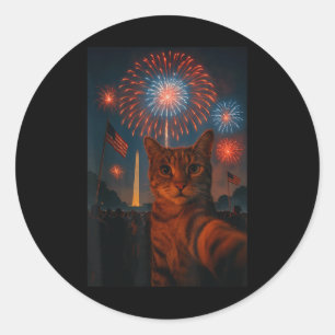 4th Of July Fireworks Patriotic Funny Cat Selfie M Classic Round Sticker
