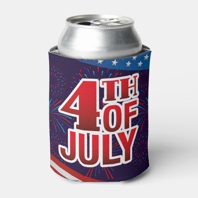 4th of July Fireworks Red White Blue Can Cooler (Can Front)