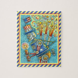 4TH OF JULY FIREWORKS ROBOT, FIRECRACKER STEAMPUNK JIGSAW PUZZLE
