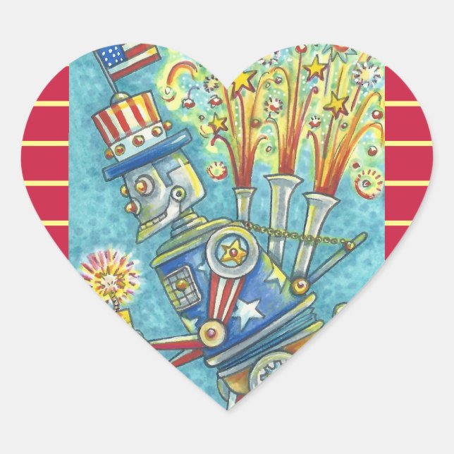 4TH OF JULY FIREWORKS ROBOT STICKERS Heart * Sheet (Front)