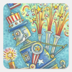 4TH OF JULY FIREWORKS ROBOT STICKERS Squ. * Sheet