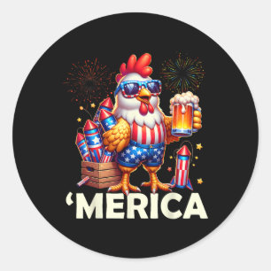 4th Of July Fireworks Shirt Chicken Drinking Beer  Classic Round Sticker