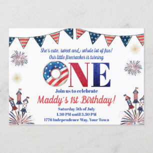 4th of July First Birthday Firecracker Invitation