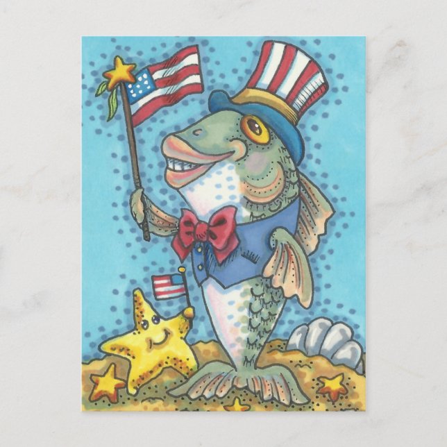 4TH OF JULY FISH & STARFISH HOLIDAY POSTCARD (Front)