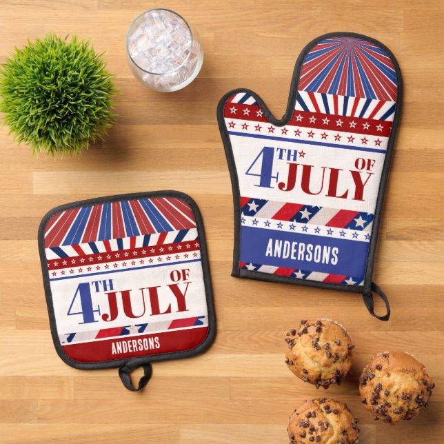 4th of July Flag of America Artsy Custom Oven Mitt & Pot Holder Set (Top Down)