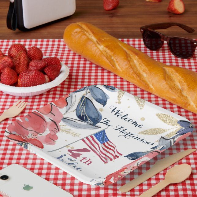4th of July Flag Personalised Stylish Paper  Plate (Picnic)