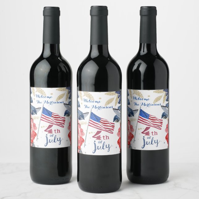 4th of July Flag Personalised Stylish    Wine Label (Bottles)