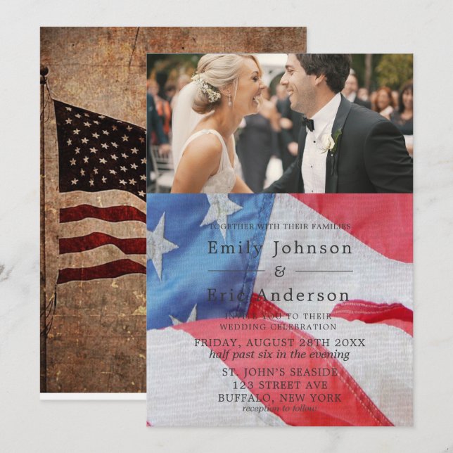 4th Of July Flag Photo Wedding Invitation (Front/Back)