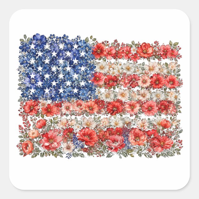 4th of July Floral Flag Square Sticker (Front)