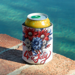 4th of July Flowers in Red White & Blue Patriotic Can Cooler