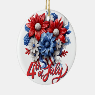 4th of July Flowers in Red White & Blue Patriotic Ceramic Tree Decoration