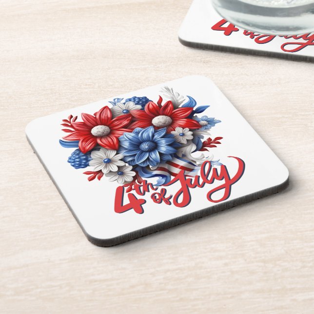 4th of July Flowers in Red White & Blue Patriotic Coaster (Left Side)