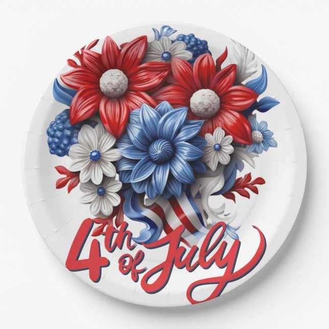 4th of July Flowers in Red White & Blue Patriotic Paper Plate (Front)
